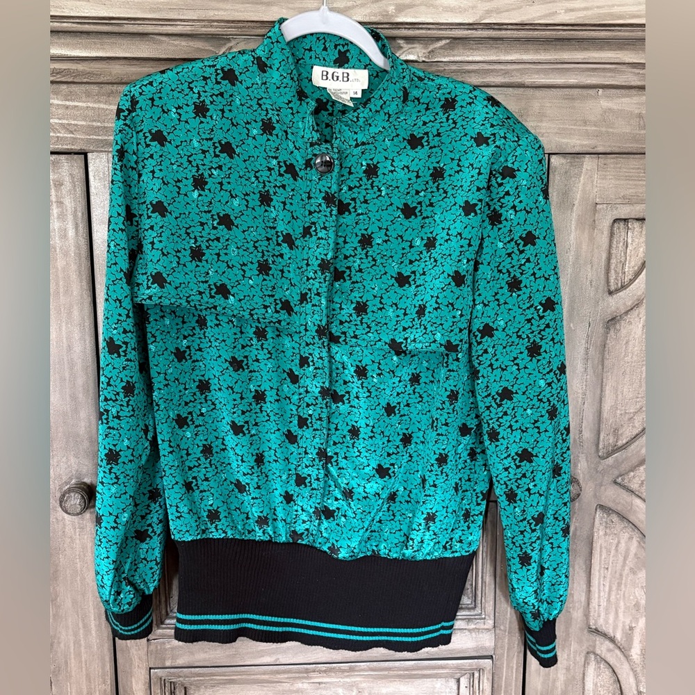 EUC Women’s B.G.B. LIMITED Vintage Teal/Black Long Sleeve Silky Blouse (14)